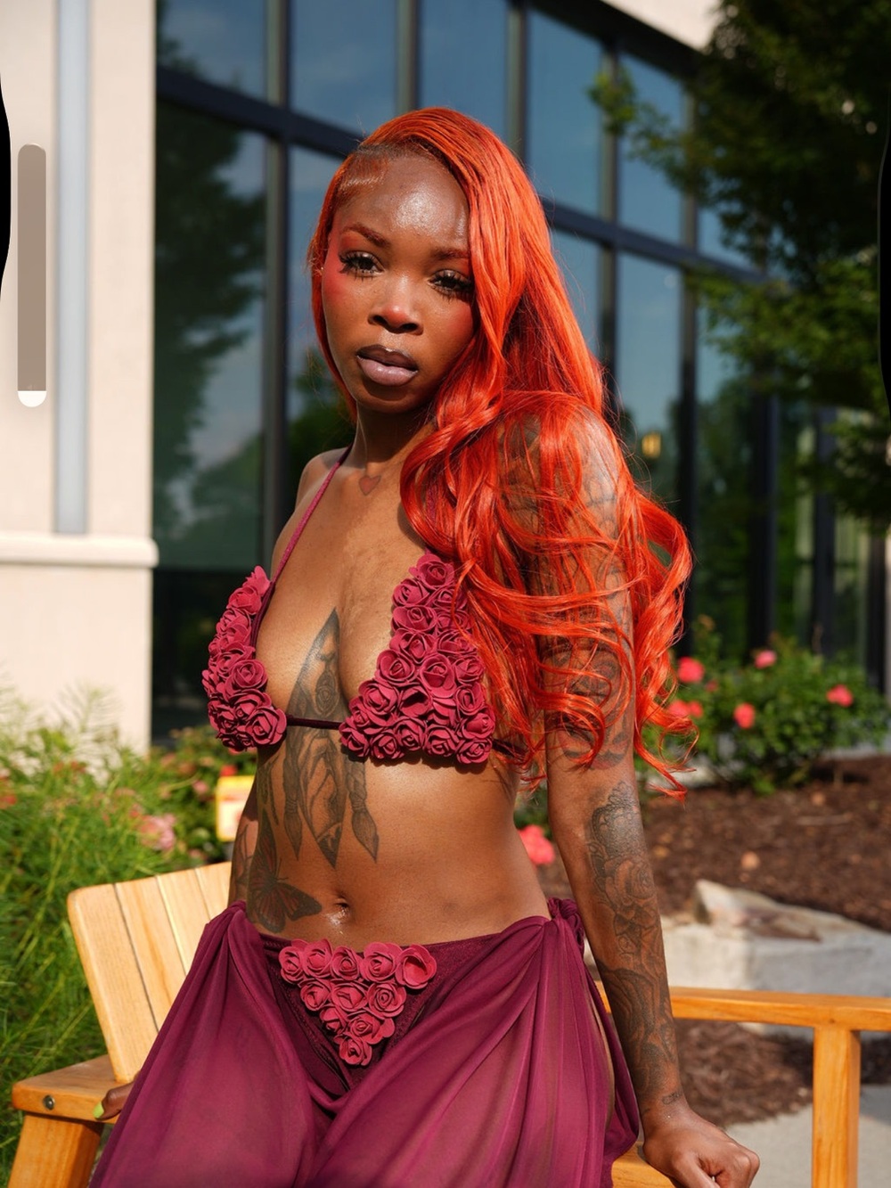 Exotic Floral Applique Bikini Set in Deep Burgundy